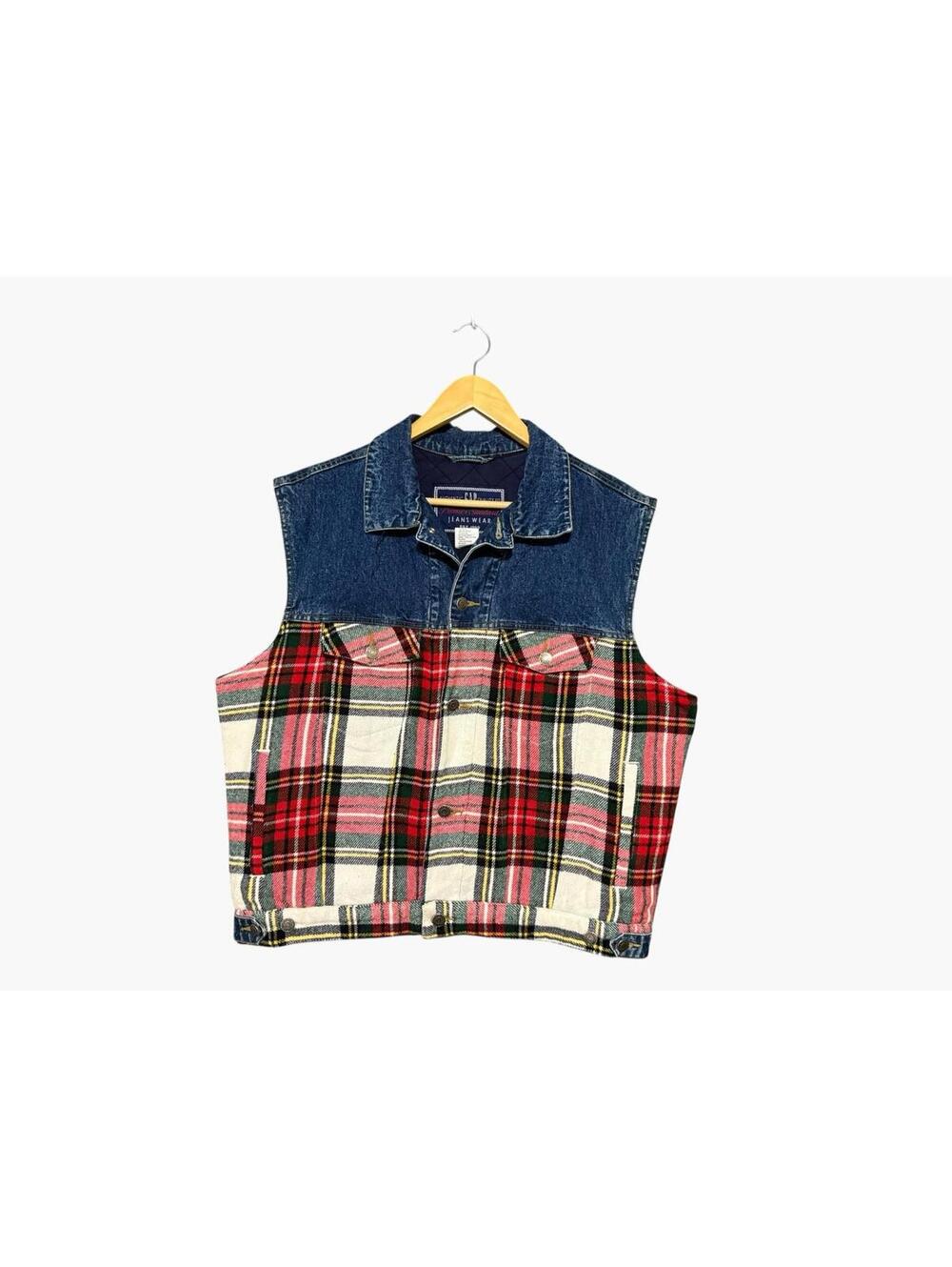 Vintage GAP Denim Plaid Vest Quilted Lined Trucker Jacket L Men’s